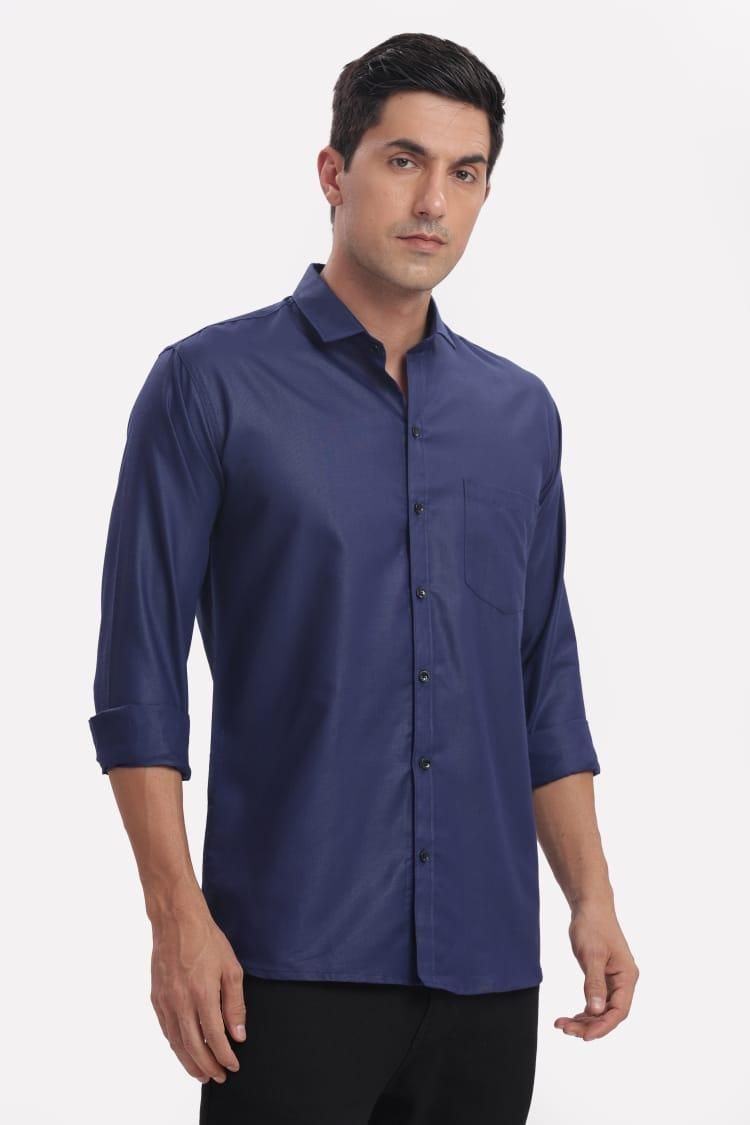Men's Solid Satin Stylish Casual Shirt Navy Blue